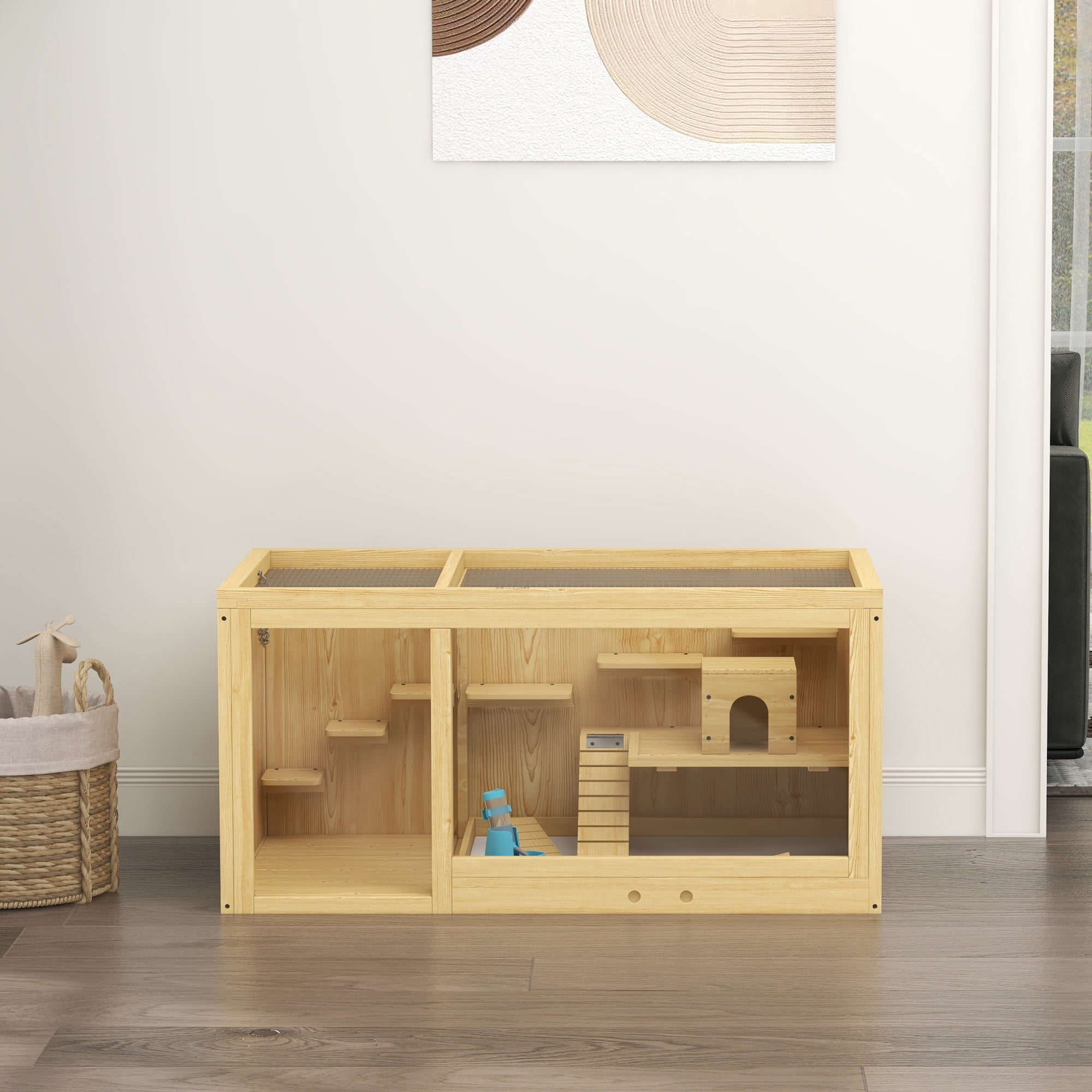 Wooden Hamster Cage, Extra Large Gerbil Cage, Multi-Layer Small Animal Cage for Dwarf Hamster, Activity Center with Pull-out Tray, Seesaws, Water Bottle, Ladder, Openable Top
