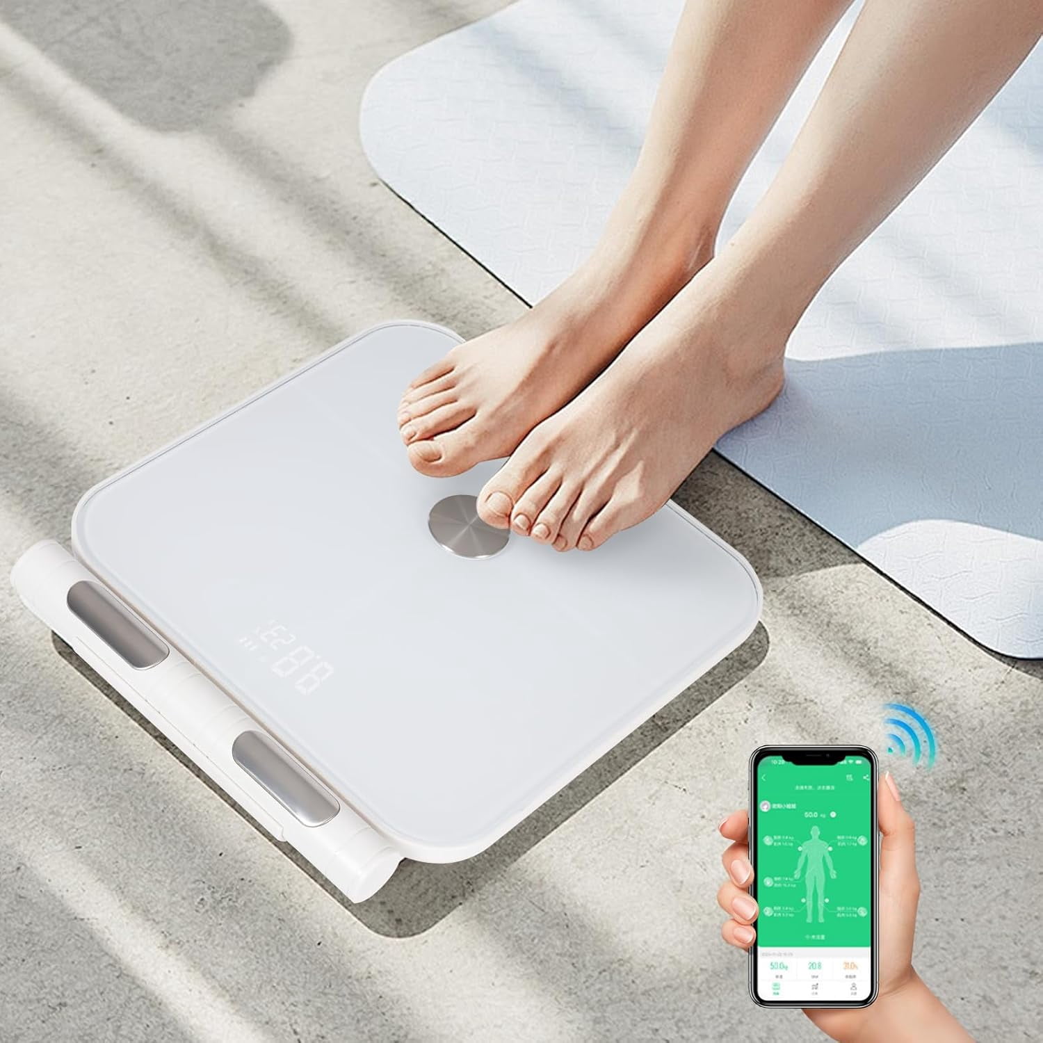 Modern Intelligent Electronic Scale 8 Eletrode Body Scale, Tempered Glass Digital Body Weight Bathroom Scale for Adults and Kids & Seniors - White