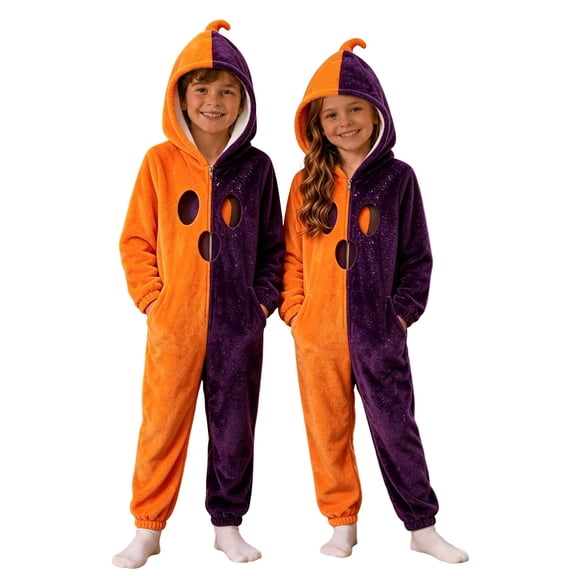 Weebloom Halloween Kids Pumpkin Hooded Onesie Pajamas Flannel Funny Romper For Cozy Jumpsuit For Holiday Dress Up Role Play Outfits Pjs Loungewear For Boys Girls Orange 4-5 Years