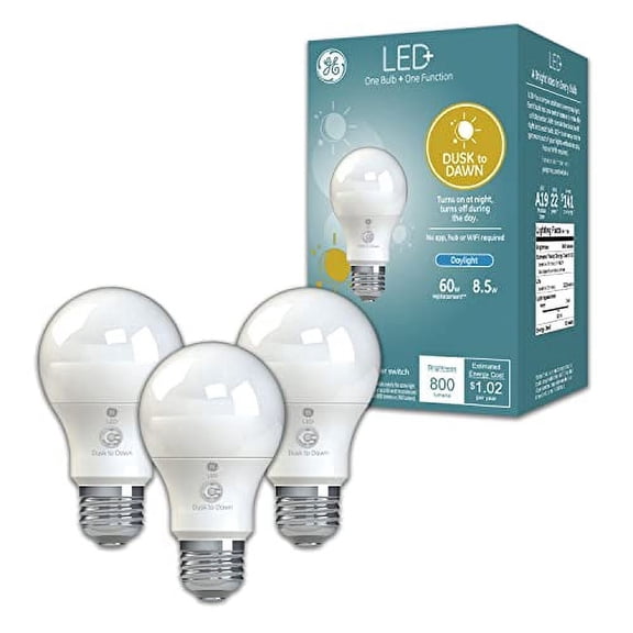 GE LED  A19 Dusk to Dawn LED Light Bulbs, Security Lights, 60 Watt Replacement, Daylight (3 Pack)