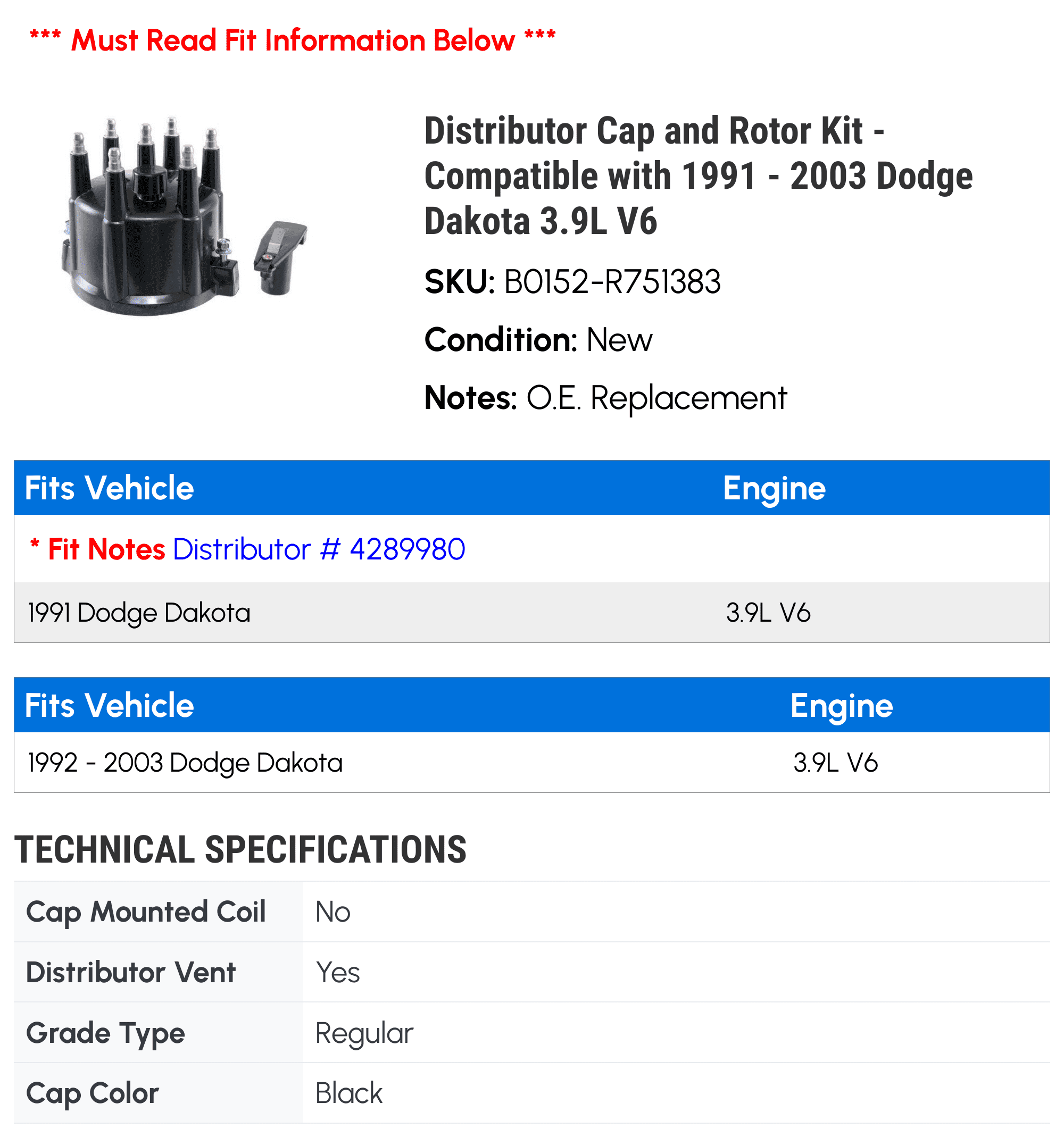 Distributor Cap and Rotor Kit - Compatible with 1991 - 2003 Dodge Dakota 3.9L V6 1992 1993 1994 1995 1996 1997 1998 1999 2000 2001 2002