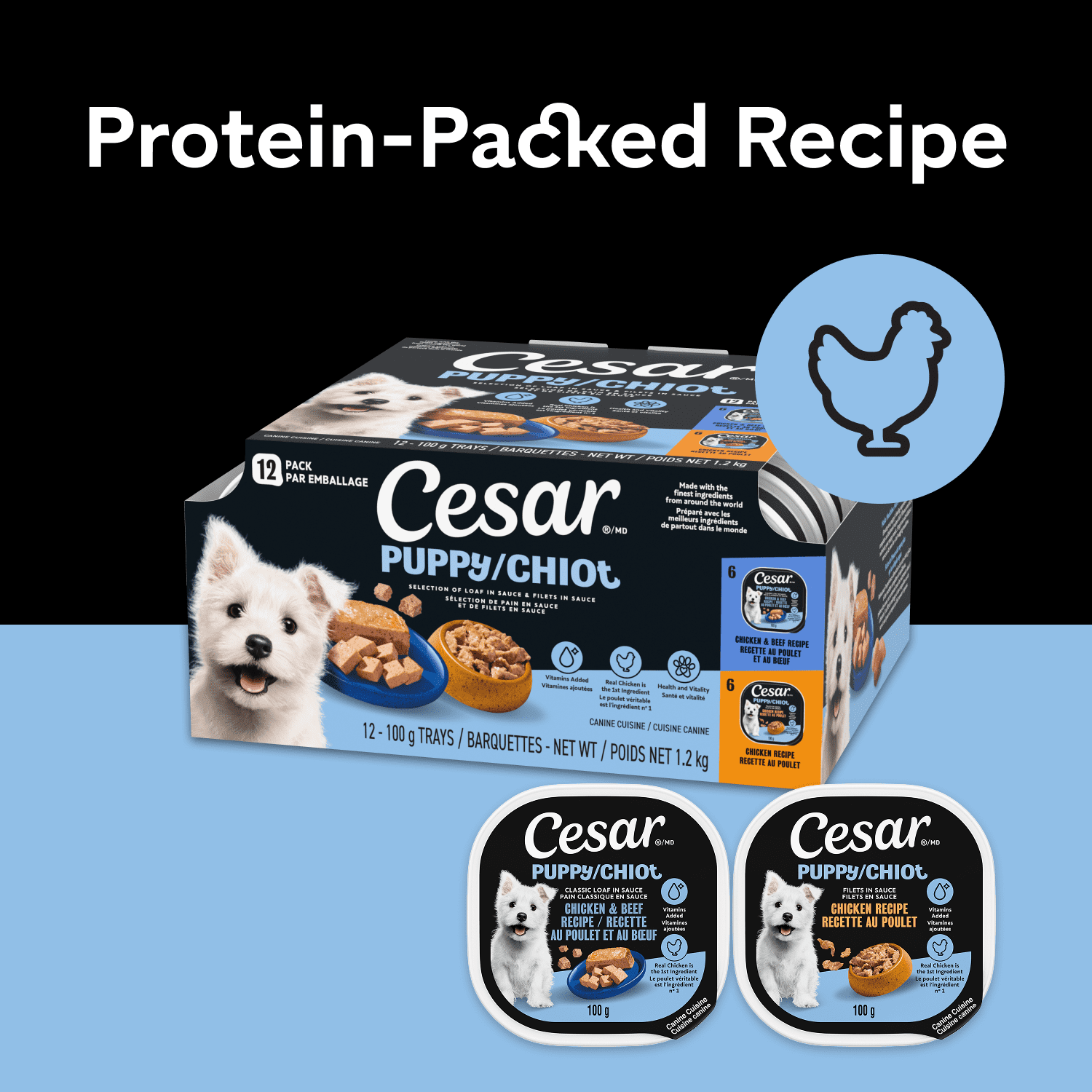 Nourriture humide et moelleuse pour chiots CESAR Pain classique en sauce Recette au poulet et au bœuf, (24) barquettes de 100 g faciles à ouvrir