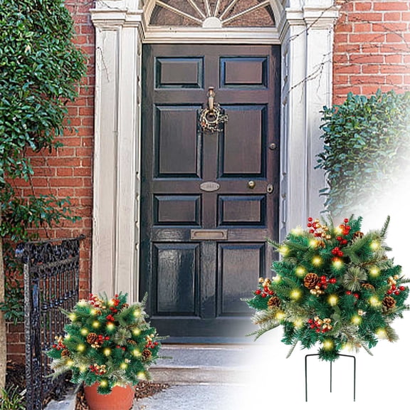Nkmbld Lighted Artificial Christmas Urn Filler, Xmas Pine Trees with Cones, Golden & Red Berries, Outdoor Light Up Planter Filler Holiday Home Decor