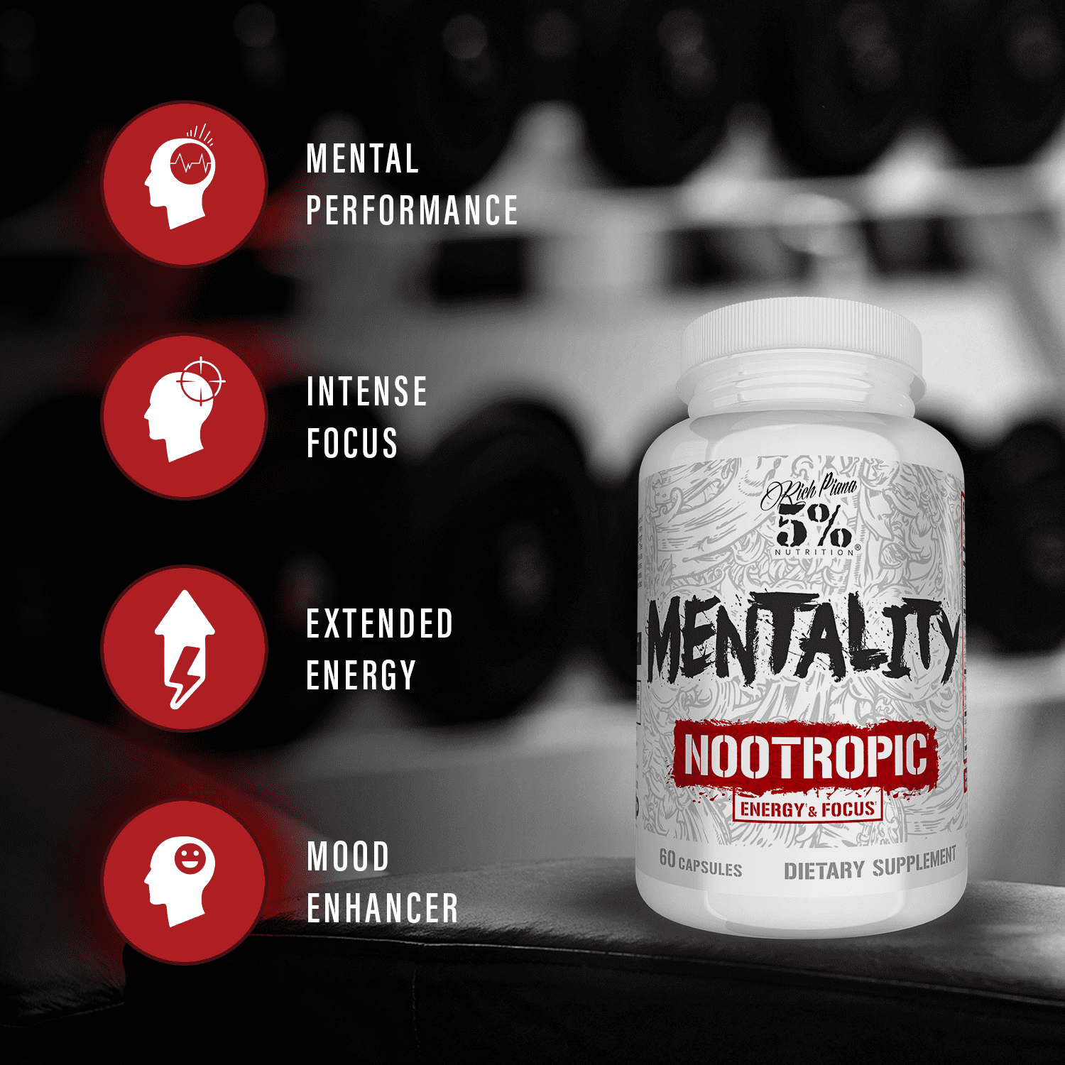 5% Nutrition Rich Piana  Nootropic,Energy & Focus Blend, Ginseng, Ginkgo, L-Theanine (60 Capsules)