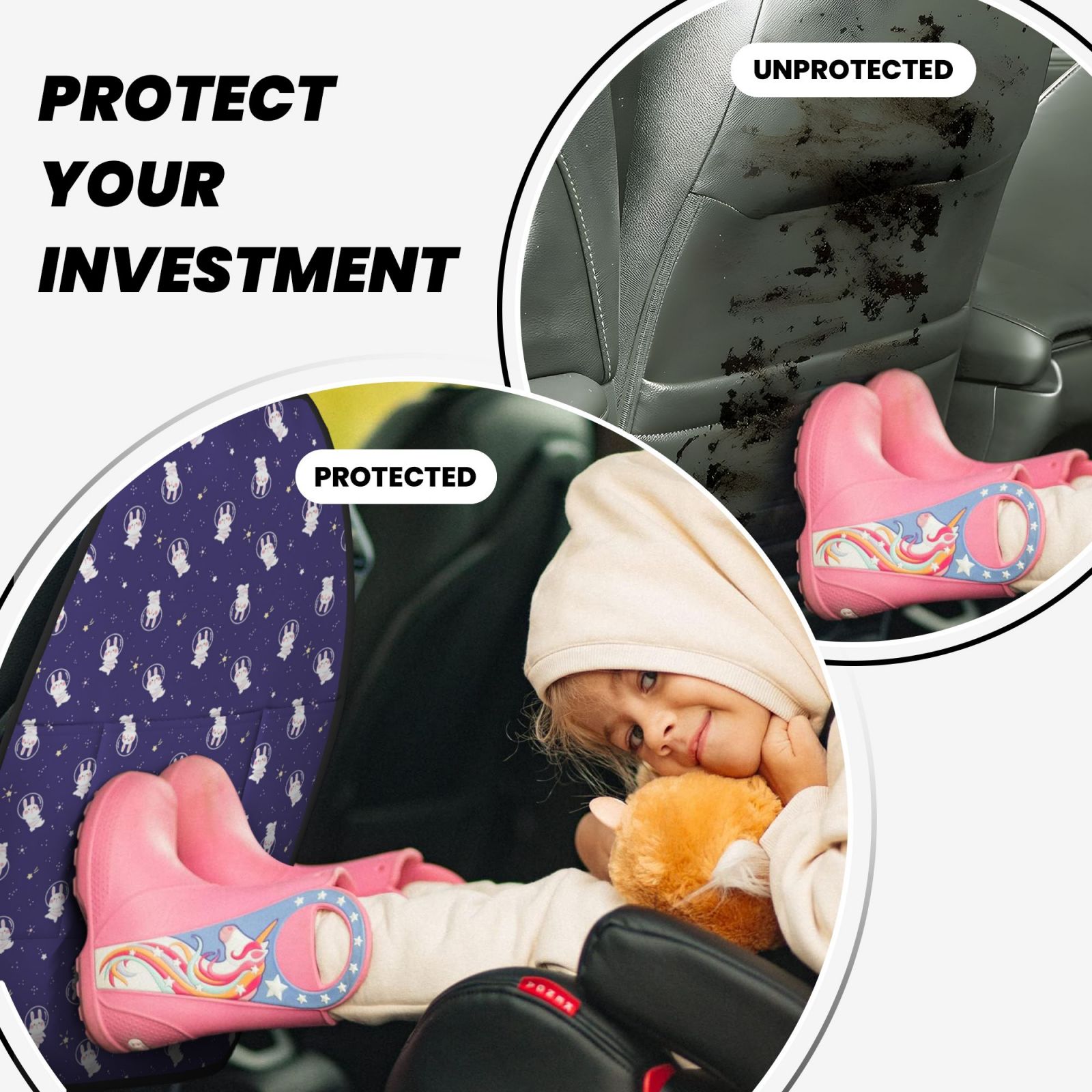 Kdxio Astronaut Rabbit Print 2 Pack Car Kick Mat Seat Cover Back Protector Mat with Pockets for Organizer Backseat Protector and Storage Anti Kick Pad for Vehicles