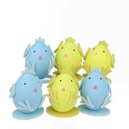 Set of 6 Yellow and Blue Felt Easter Egg Chicken Spring Figure Decorations