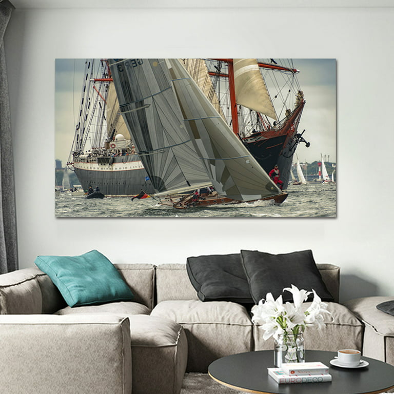 Large Framed Sailboat Wall Art Sailing Ship Decor Boat Painting For Livingroom Bedroom Decoration Ready To Hang Com