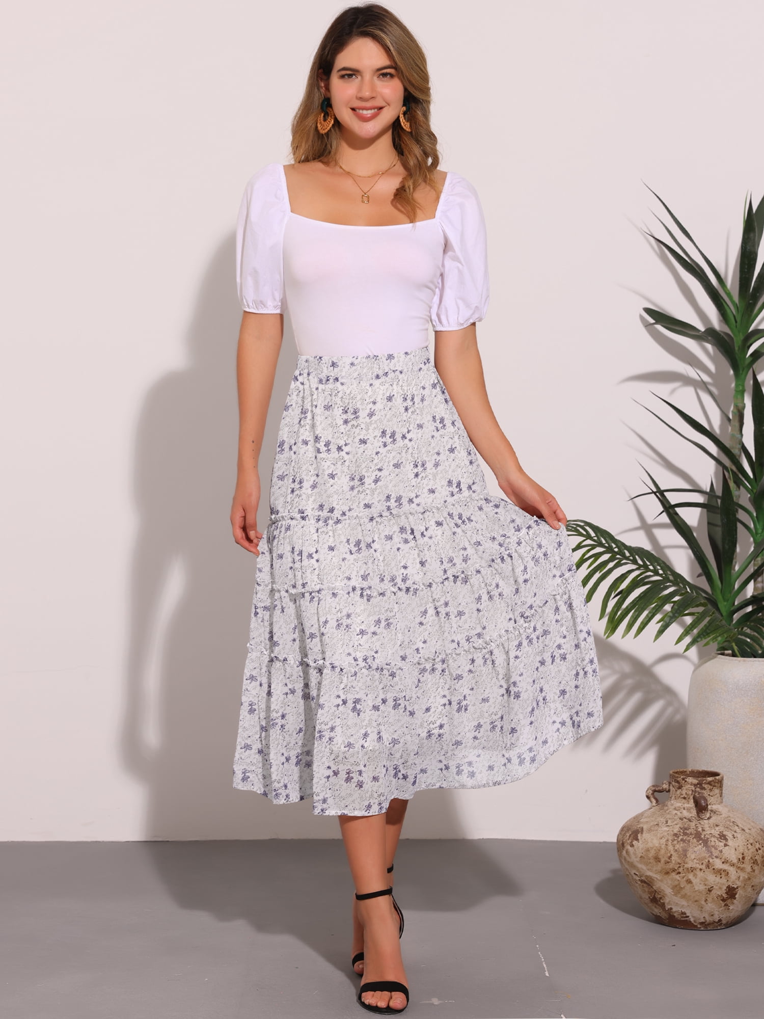 DARING DIVA Women's Chiffon Tiered A-Line Maxi Skirt S White Flower