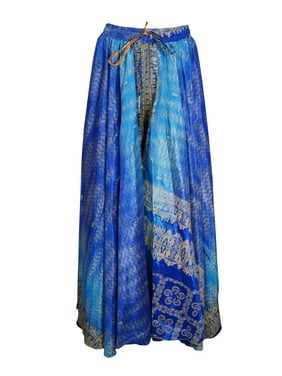 Mogul Women Blue Maxi Skirt Wide Leg Full Flare Vintage Printed Sari Divided Uneven Gypsy Hippie Chic Long Skirts S