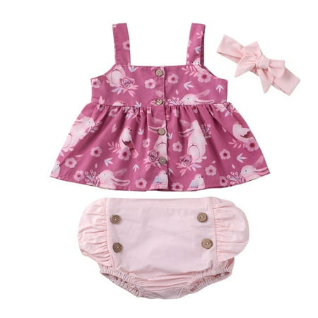 

Newborn Baby Girls Cute Bunny Flower Bird Printing Sleeveless Single-breasted Strap Top Button Elastic Shorts with Bow Headwear