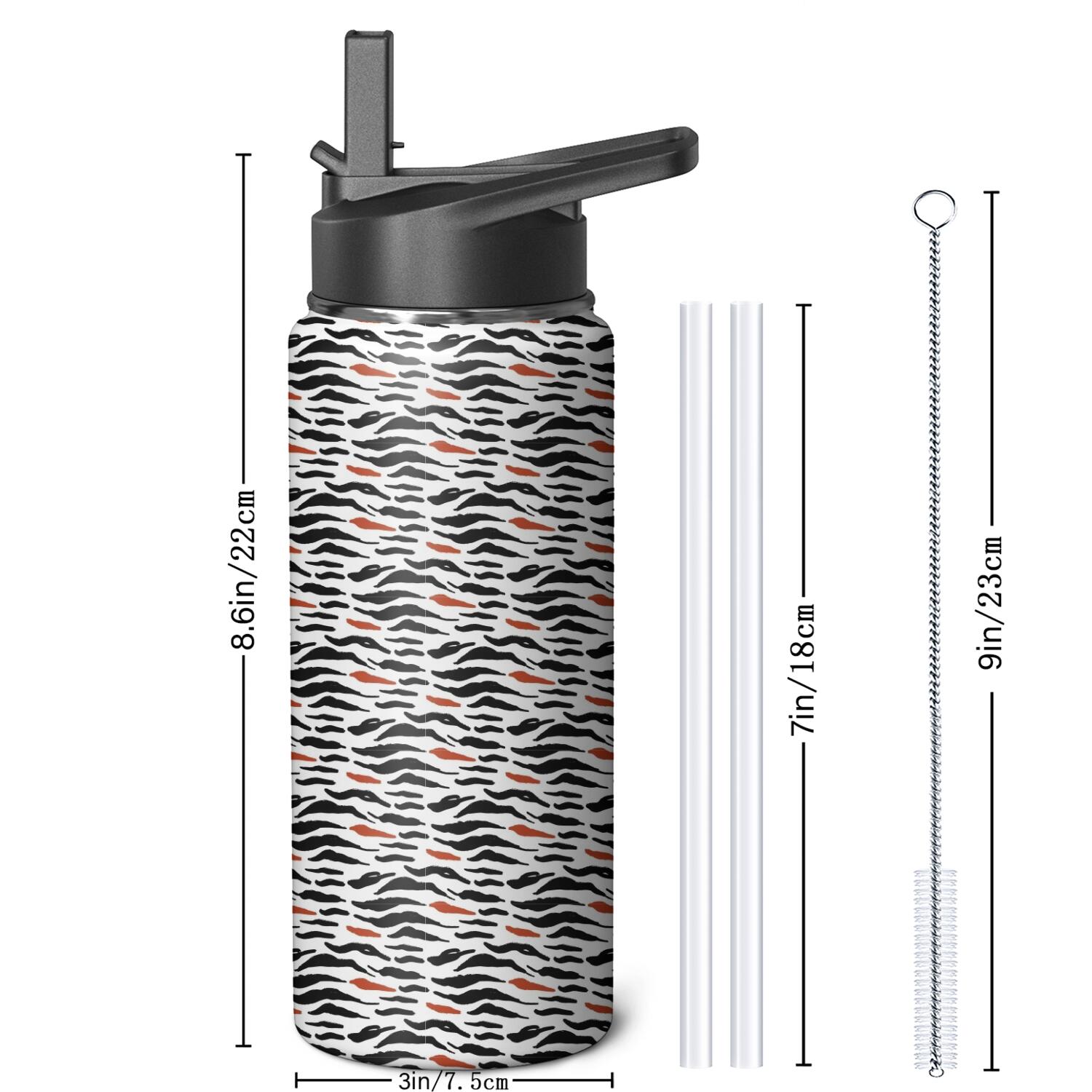 Leopard Print Insulated Stainless Steel Water Bottle with Straw & Cleaning Brush – 18 Oz | Leakproof, BPA-Free, 304 Stainless Steel, Wide Mouth, Travel Mug for Car, Gym, Office