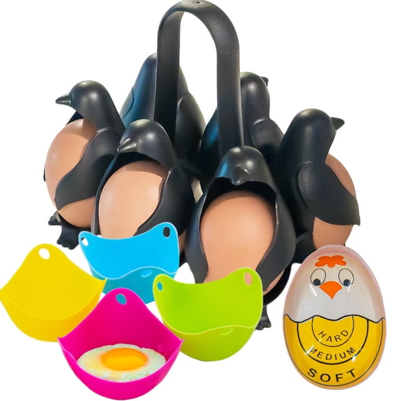 Penguin Egg Cooker, Egg Timer, & 4 Egg Poachers - Egg Holder Boiling Rack - Perfect for Easy Soft or Hard Boiled & Poached Eggs - Stove, Microwave, Air Fryer, and Dishwasher Safe