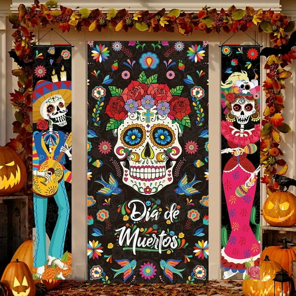 1 Pair Day of the Dead Porch Sign Party Banner, Mexican Dia De Los Muertos Party Door Decorations, Day of the Dead Sugar Skull Door Banner for Halloween Home Party