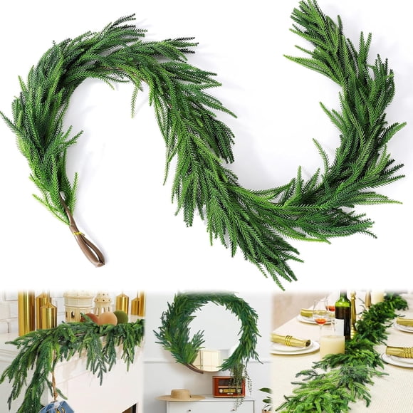 Guirnalda de pino norfolk de Navidad artificial verde con tacto real para manto, mesa, pared, decoración de Navidad para interiores y exteriores (3 m)