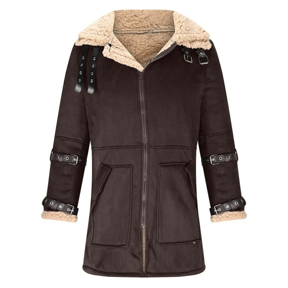 Aueoeo Mens Winter Leather Jacket Faux Leather furss Coat Sherpa Lined Thick Zipper Coat With Pockets Coffee X-Large