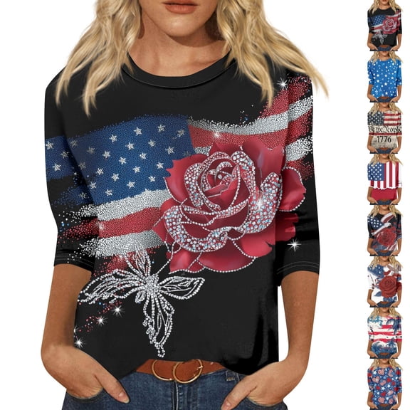 KDDYLITQ 250th Anniversary Usa Tshirt for Women Vintage Usa Flag Crew Neck T-Shirts Summer National Flag Print July 4th Tees Usa Star Stripes Cute 3/4 Sleeve Tops Deep Red 3XL