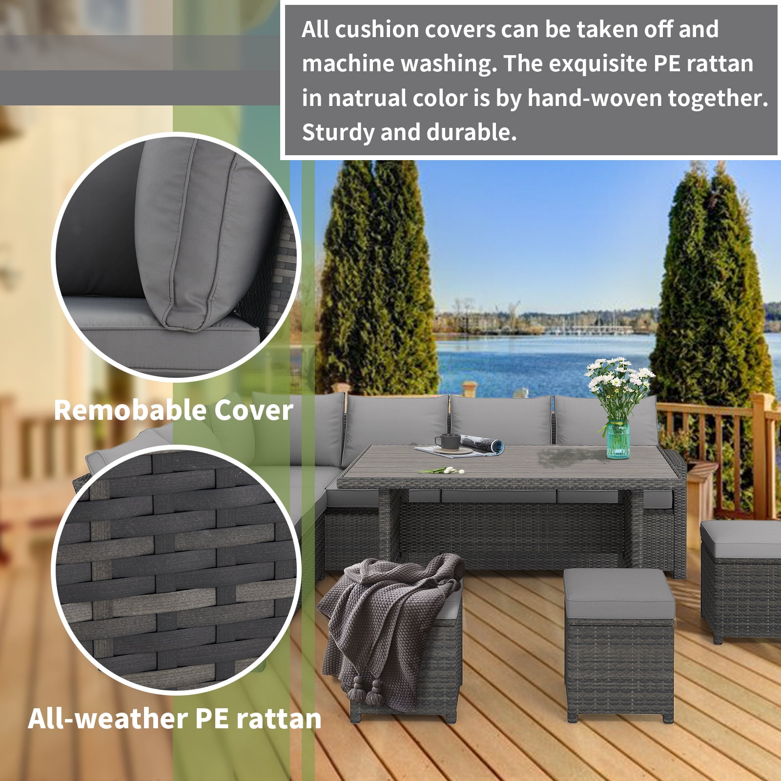 AECOJOY Patio Furniture Set, 7-Piece Rattan Wicker Sectional Sofa Couch, Outdoor Dining Conversation Set in Gray