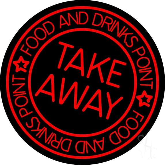 Take Away Food And Drink Point LED Neon Sign 18 x 18 - inches, Clear Edge Cut Acrylic Backing, with Dimmer - Bright and Premium built indoor LED Neon Sign for Bar decor.