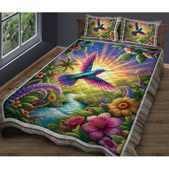 Lotusprinthandmade Colorful Hummingbird and Floral Quilt Bedding Set White Binding