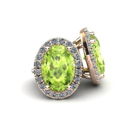 1 Carat Oval Shape Peridot and Halo Diamond Stud Earrings In 14 Karat Rose Gold