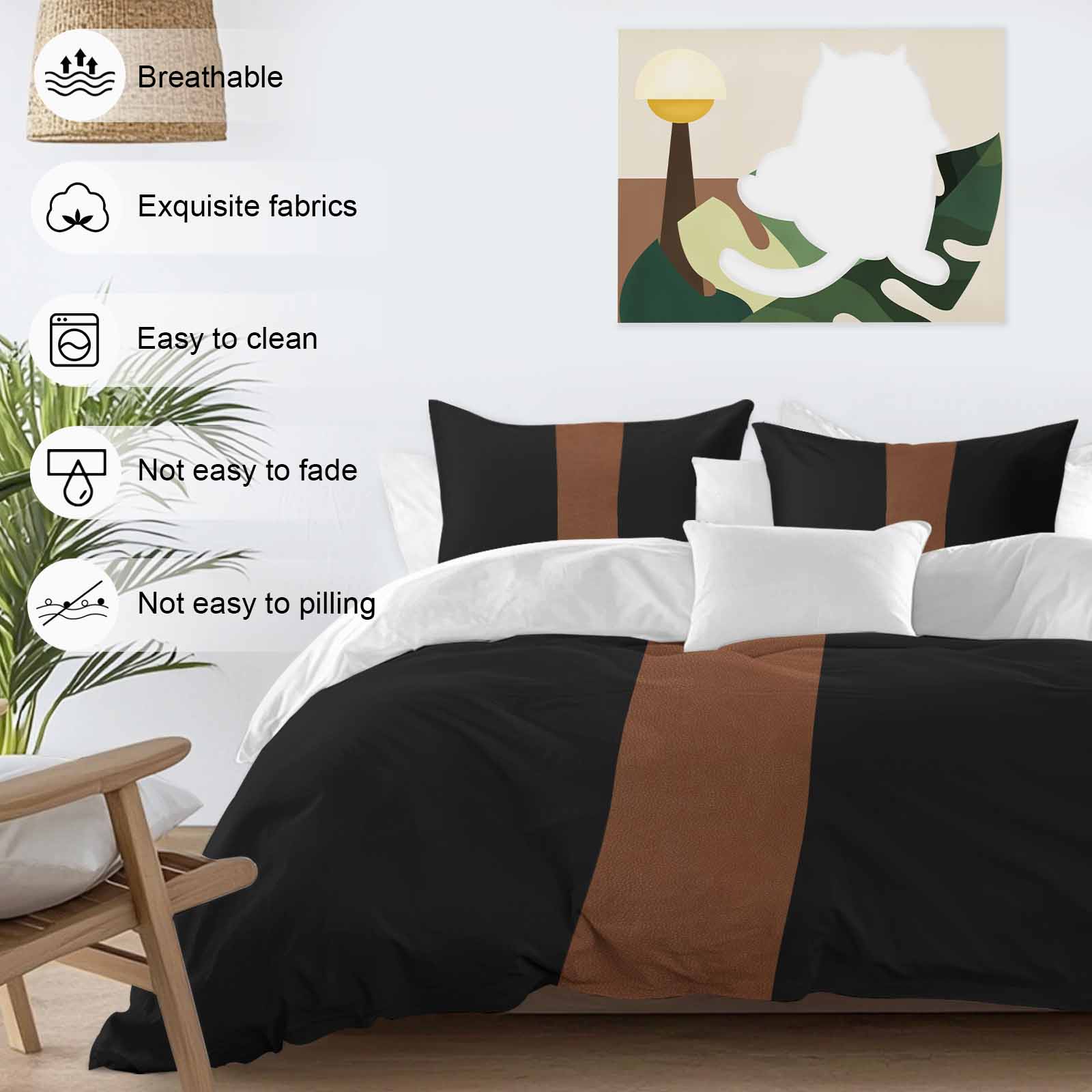 Boho Black Duvet Cover Set Queen Size and Brown Striped Tribal Farmhouse Style Soft Lightweight Comforter Covers 4 Piece Bedding Set with 1 Duvet Cover 1 Bed Sheet & 2 Pillow Shams