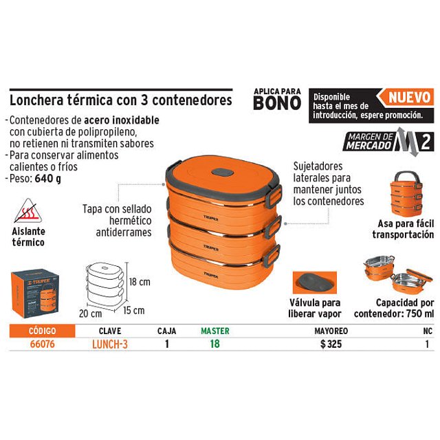 Lonchera térmica con 3 contenedores de acero inoxidable TRUPER Lonchera térmica con 3 contenedores de acero inoxidable