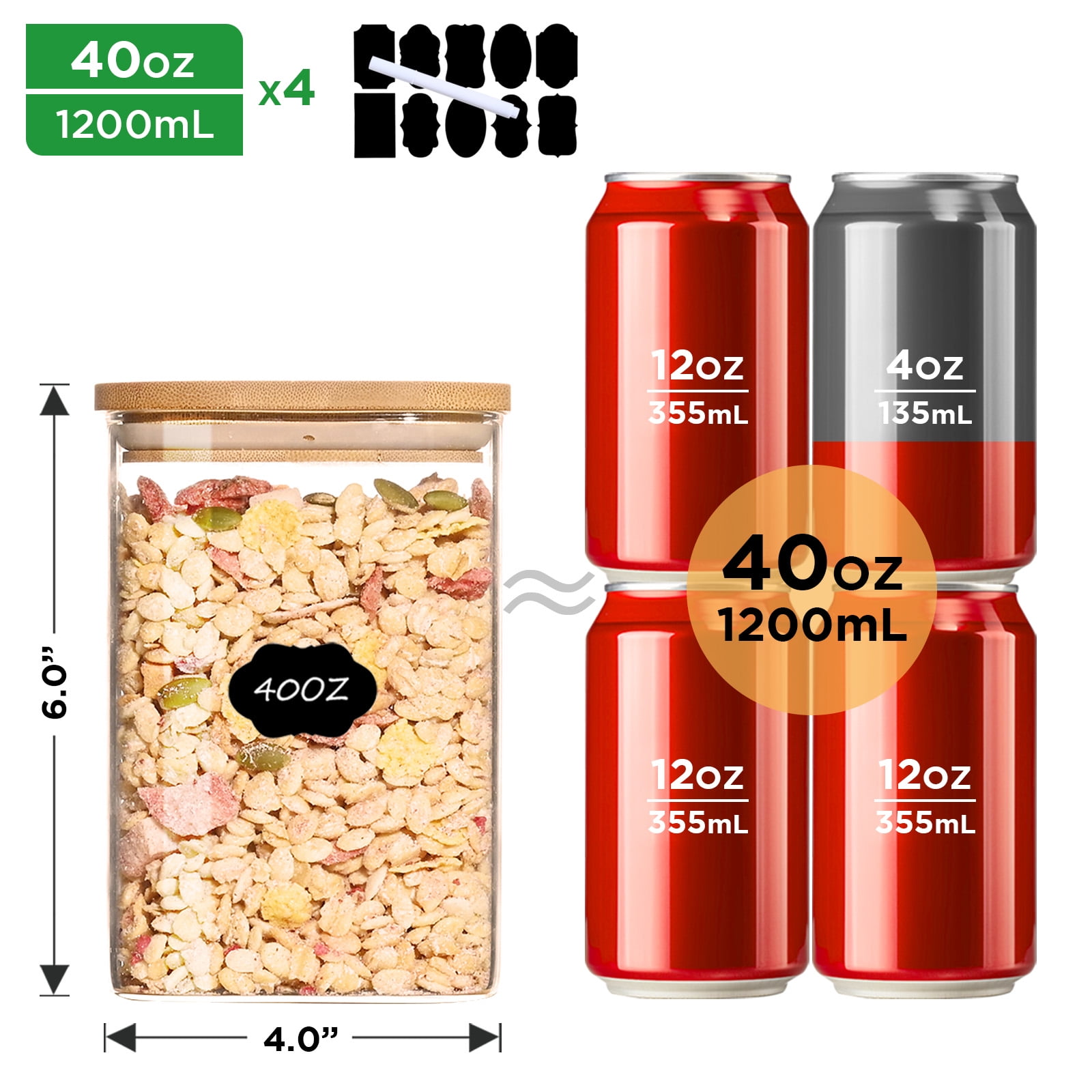 Large Glass Storage Jar, 4 Pack 40 FL OZ Glass Food Storage Containers with Bamboo Lid, Kitchen Containers Cereal Canisters Decorative Jar for Candy Snack Cookies Coffee Tea Nuts Airtight Glass Jars