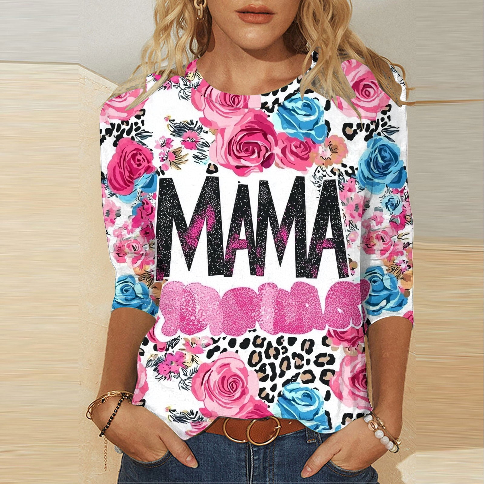 k-mama PXLKNZH Womens 3/4 Sleeve Mama T Shirt,Women's Casual 3/4 Sleeve