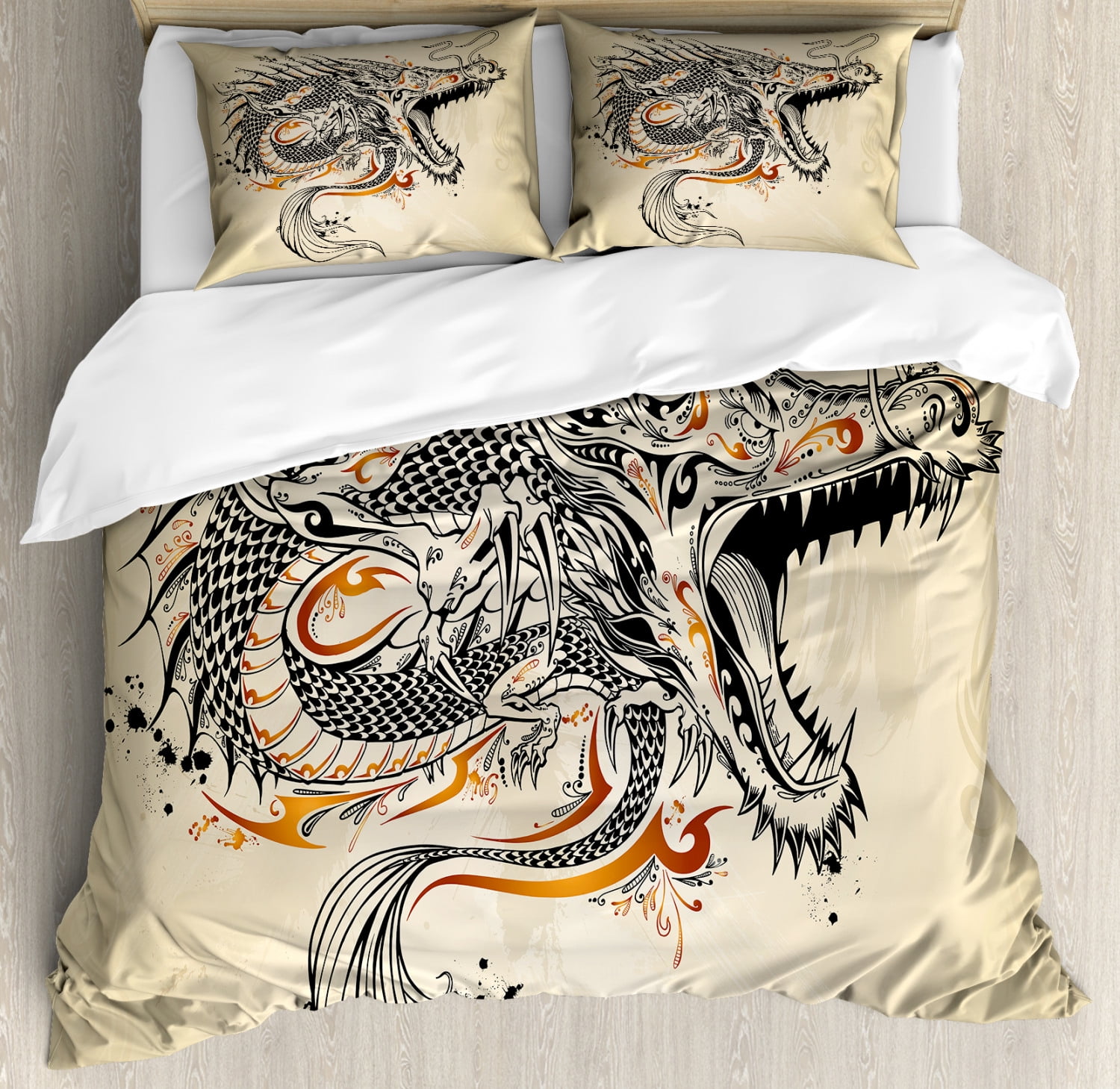Japanese Dragon Duvet Cover Set, Doodle Style Roaring Creature with
