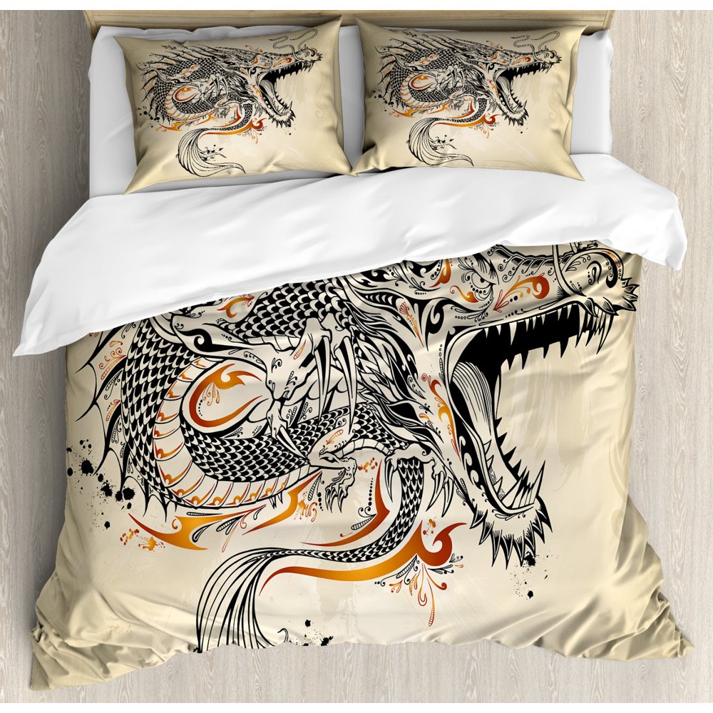 Japanese Dragon Duvet Cover Set, Doodle Style Roaring Creature with