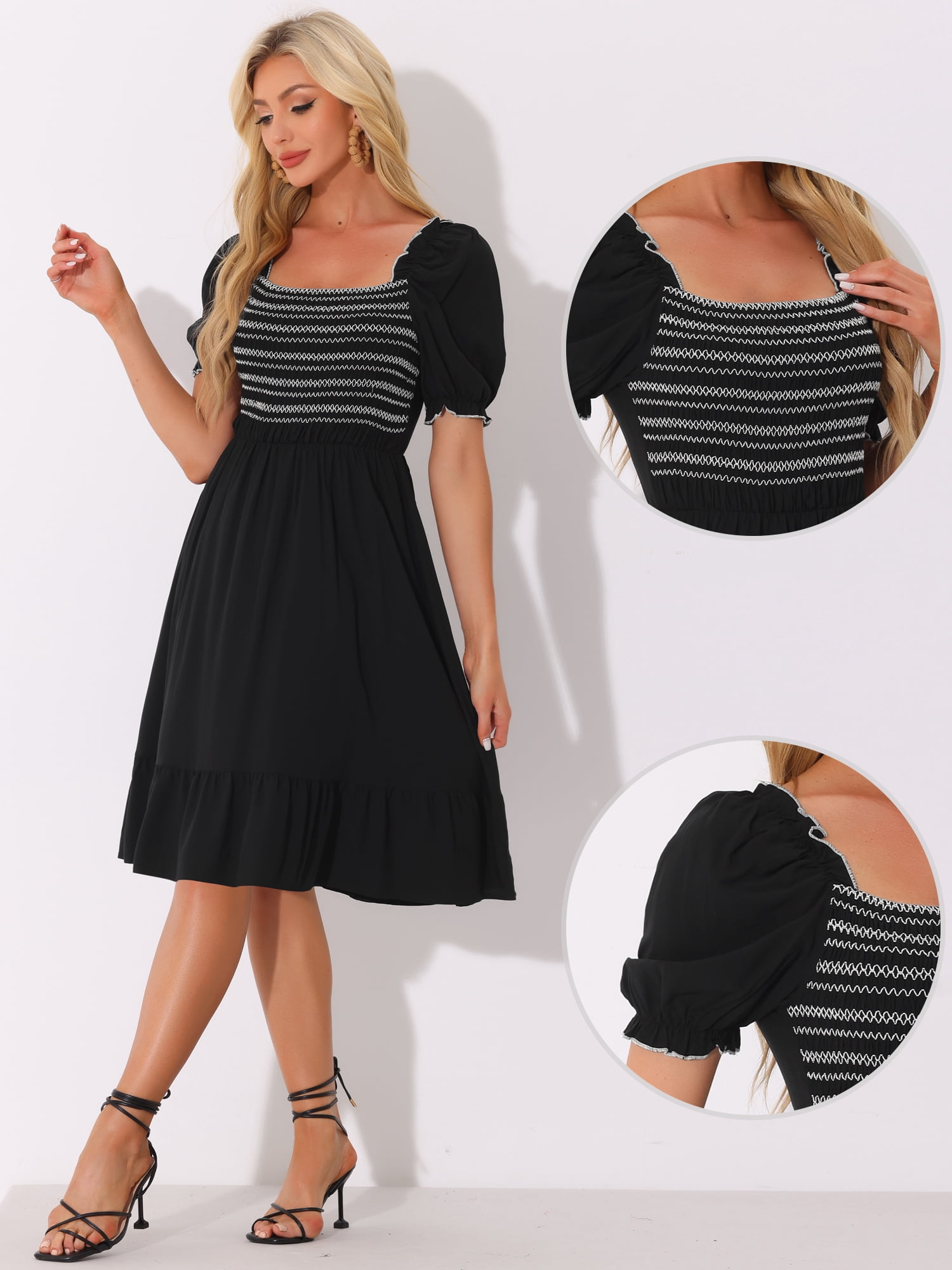 DARING DIVA Puff Short Sleeve Ruffle Smocked Blouse XL Black