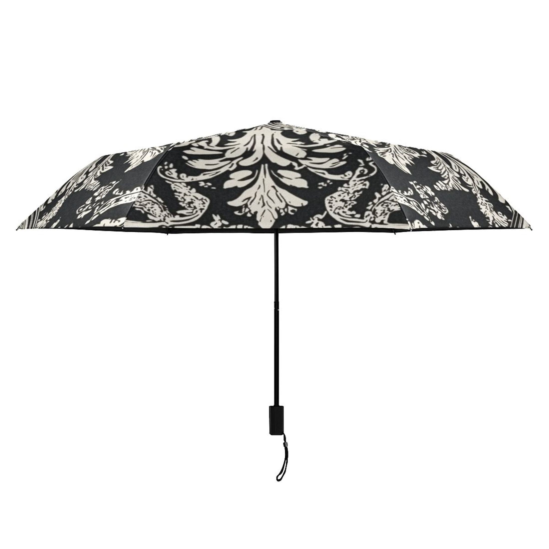 Black and White Paisley Flowers Pattern All Weather Umbrella Triple Folding Parasol 6 Ribs UV Protection Portable