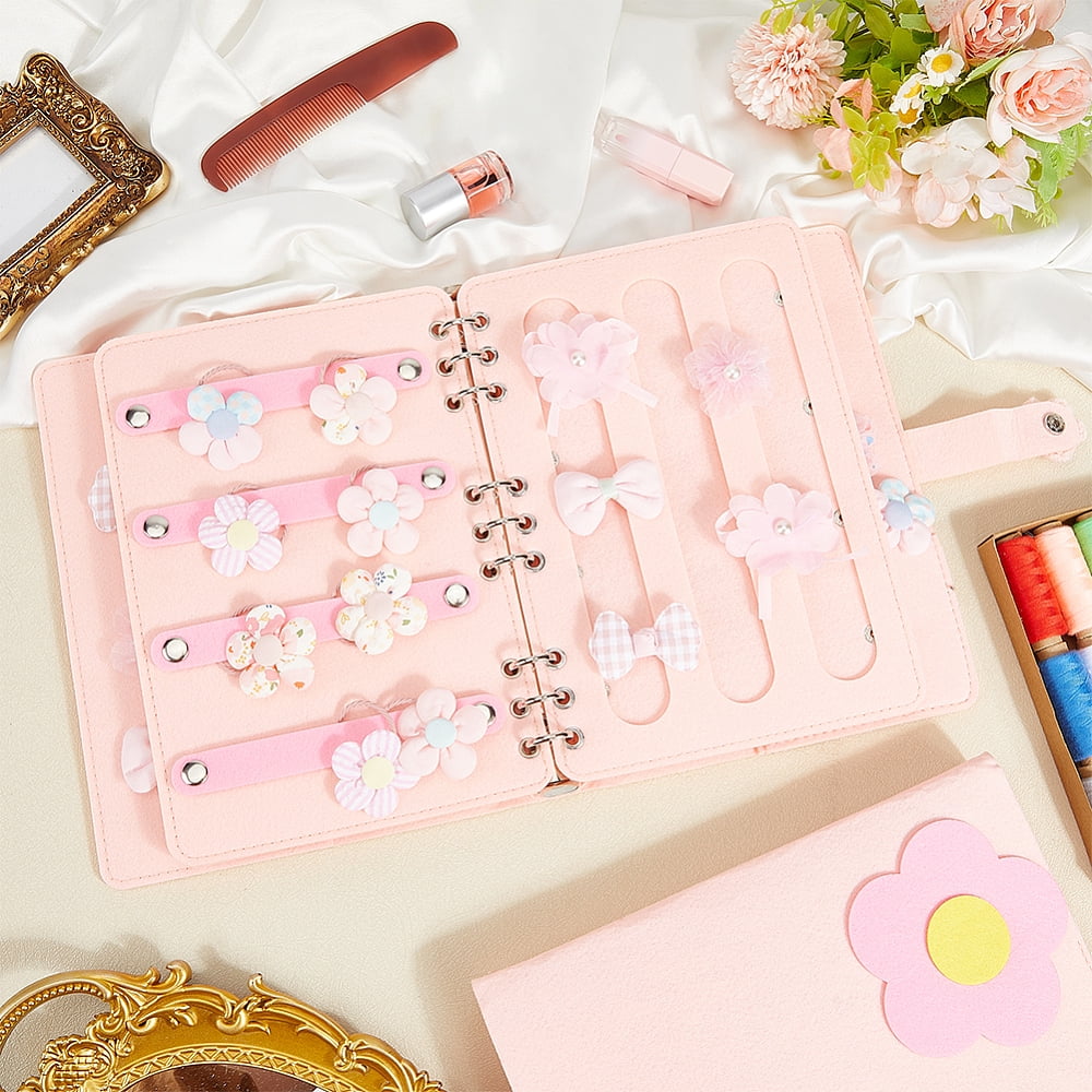 2 pc Felt Loose-leaf Hair Tie Storage Book Scrunchie Organizer Holders Rectangle with Flower Pink 27x20.5x3.35cm