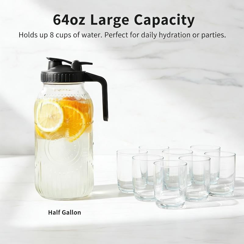 Vintage Half Gallon Mason Jar Pitcher Large 64 oz Wide Mouth with Lid - 2 Quart Airtight Glass Jug for Water, Juice, Milk, Tea, Iced Coffee and Drinks