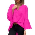 thumbnail image 5 of Women's Plus Size Cotton Linen Tunic, Long Sleeve V Neck Blouse with Flare Sleeve, Solid Color Loose Fit Top for Spring Summer Beach Casual Wear and Vacation Outfits Hot Pink M, 5 of 7