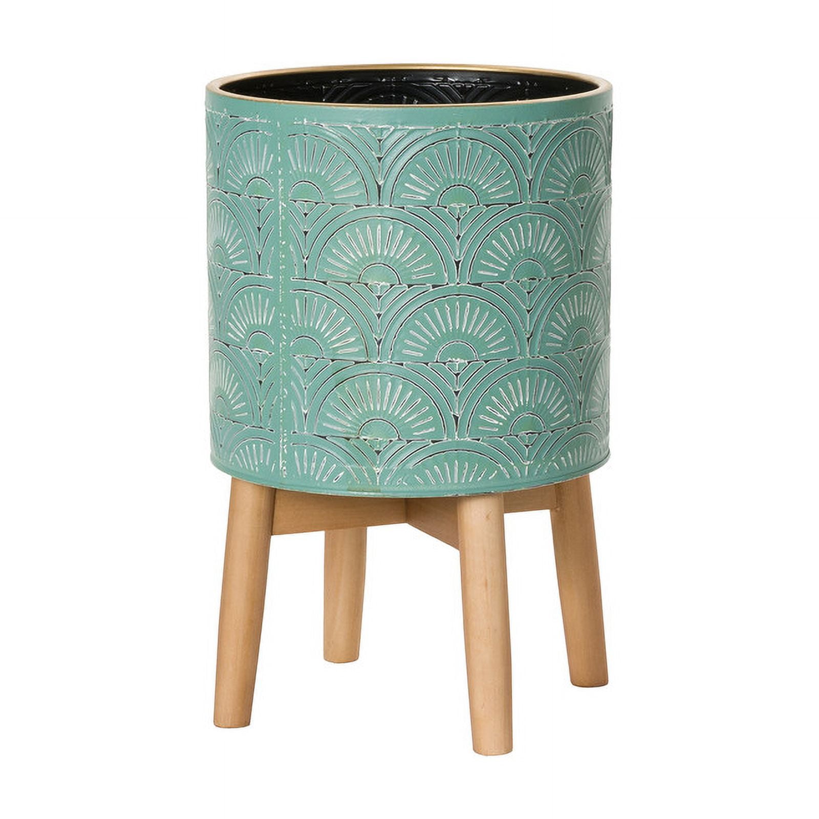 Boho Metal Planter Pot With 4-Leg Wood Base - Blue-Green - 17"H x 10"W