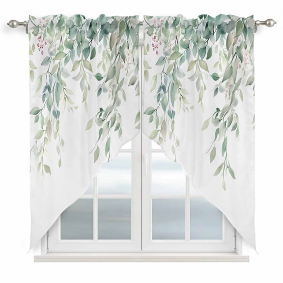 Eucalyptus Leaves Kitchen Window Curtains, Swag Curtains Valance for Bedroom Living Room Bathroom, Sage Green Botanical Spring Summer Rod Pocket Window Treatment Curtain Block Drapes 2 Panels 36"x36"