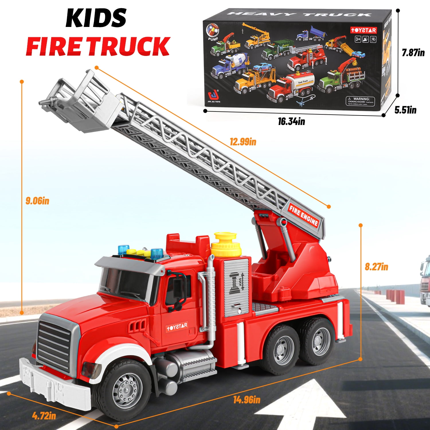 UUSUOO Truck Toys for Boys 3-6 Years,15" Large Fire Truck Toy,Friction Powered Fire Rescue Truck Vehicle Toys with Lights & Sirens Sounds & Ladder,Christmas Birthday Gifts for Boys Girls 5 6 7 +,Red