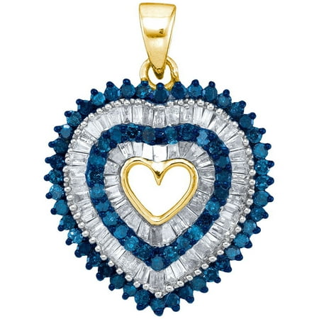 10K Yellow Gold 0.90ctw Glamorous Blue Diamond Micro Pave Layered Heart Pendant