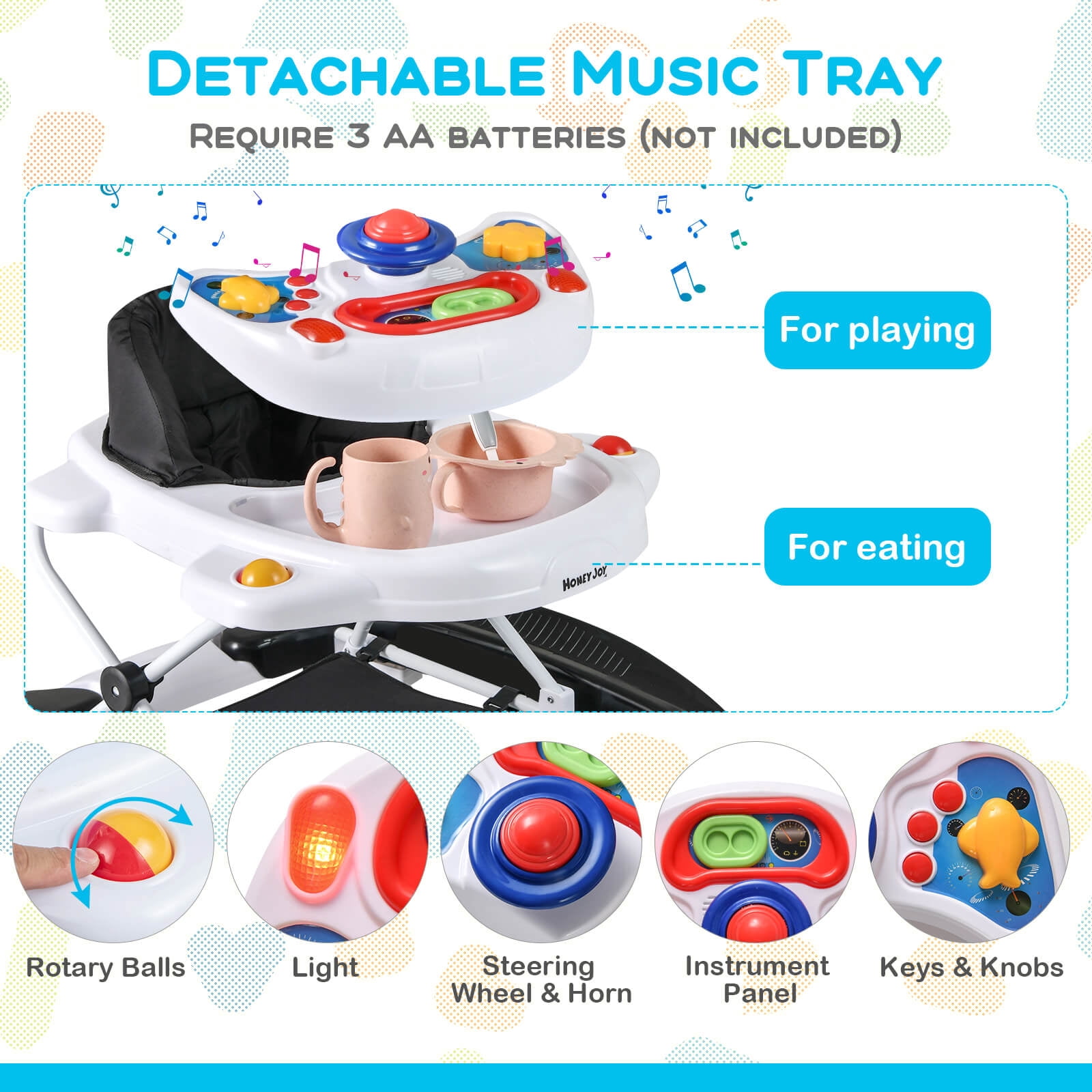 Costway 6 in 1 Baby Walker Adjustable Toddler Walker & Activity Center with Music Tray Black
