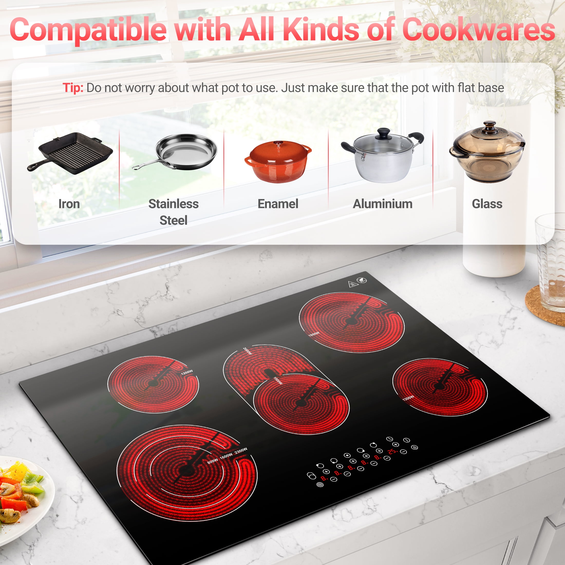 AMZCHEF 30 Inch Electric Stove Cooktop 8500W Built-in Electric Stove Cooktop with 5 Burners, Sensor Touch Control Safety Lock,220-240v, Hard Wire, No Plug