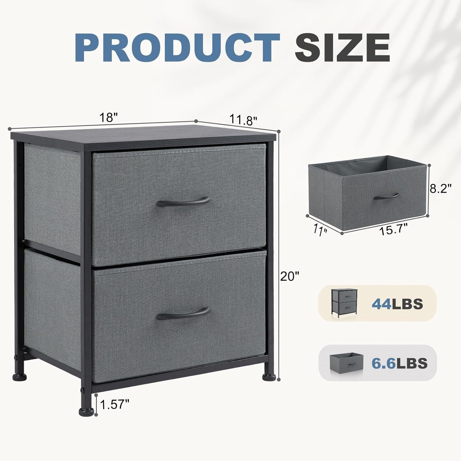 Nightstand Small Dresser with 2 Fabric Drawers Side Tables Bedroom End Table Kids Bedside Storage Furniture for 20 inch Tall Night Stand for Closet, Entryway, College Dorm,Gray(2 Pack)