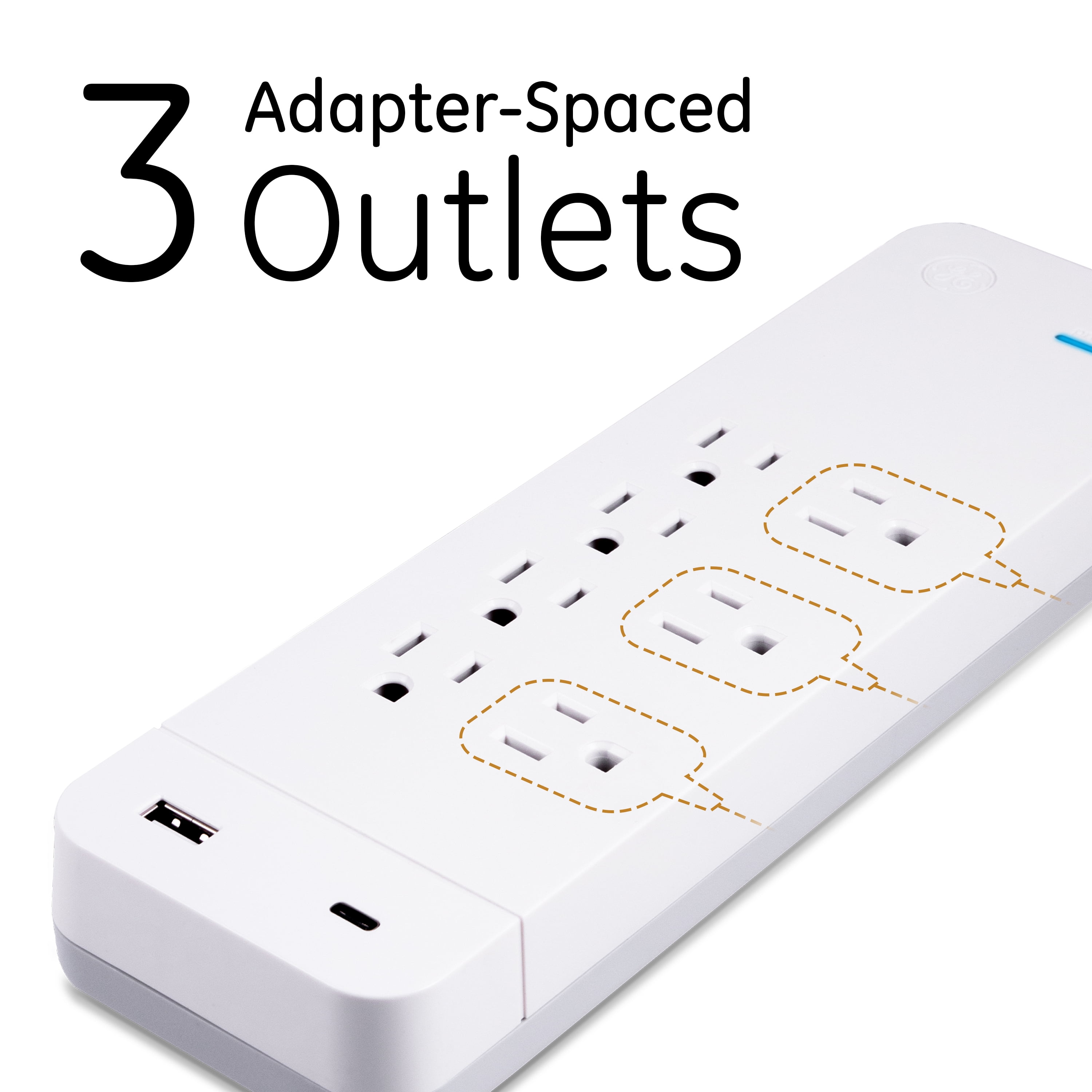 GE UltraPro 7 Outlet 1 USB & USB-C Surge Protector, 4 ft Cord, White, 41355