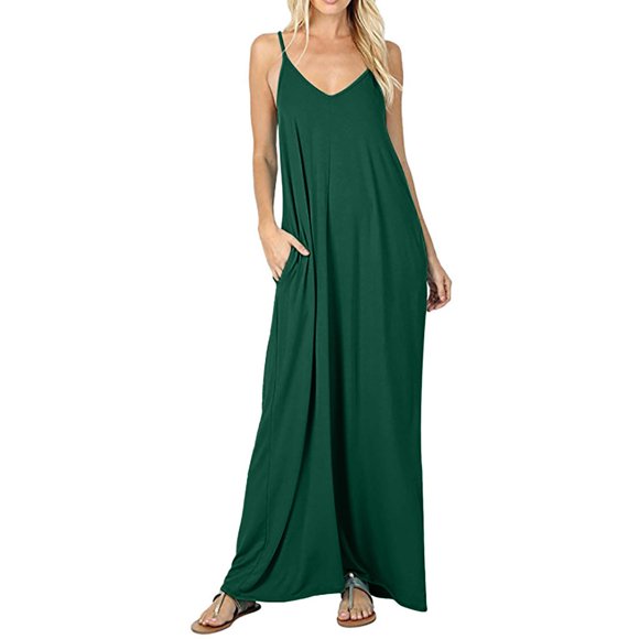 Gspmoly Summer Dresses for Women, Women'S Summer Dress Casual Sleeveless V-Neck Strappy Loose Dress Beach Long Solid Color Dresses with Pocket Wedding Dresses for Women Savings