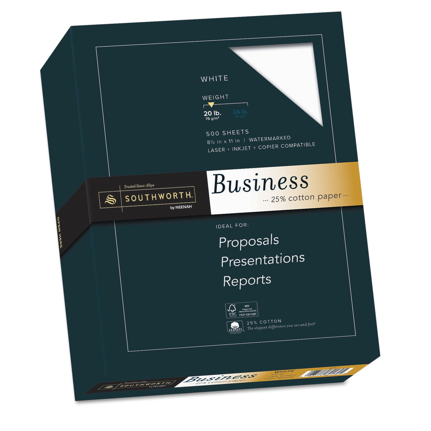 20lb Cotton Paper Southworth 100% Cotton Business Paper - Letter Size  (8.5x11"), 20lb, White, 500 Sheets Per Box Acid-free Archival Paper