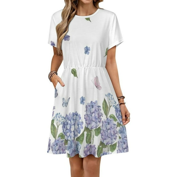 Hydrangea Purple Floral Women's Dress Short Sleeve Summer Sundress Summer Women Clothes