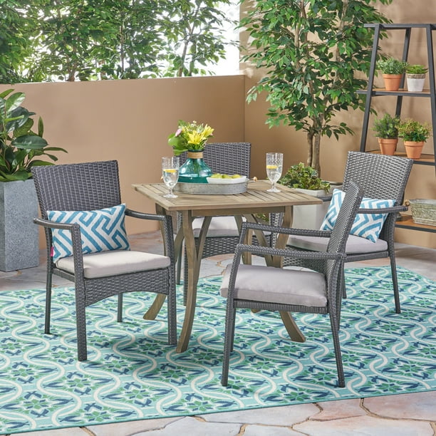 Kareem Outdoor 5 Piece Wood And Wicker Square Dining Set, Gray, Gray ...