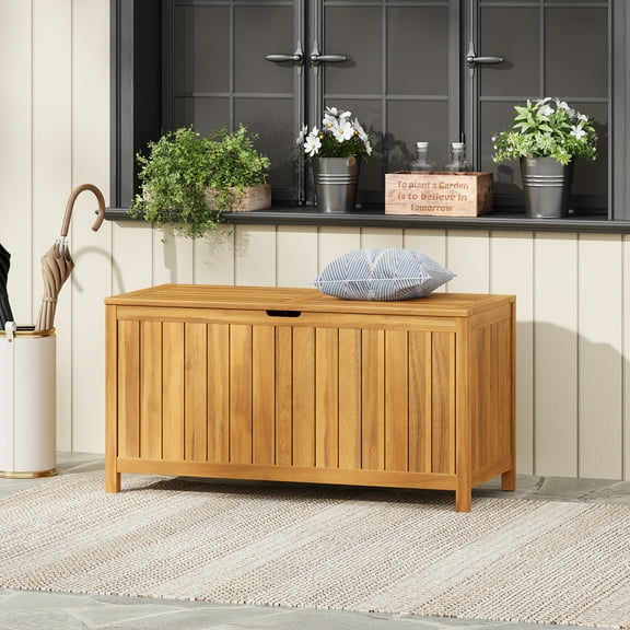 GDF Studio Acacia Wood 100 Gallon Outdoor Patio Deck Storage Box, Teak Finish