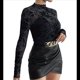 thumbnail image 3 of Blusa de Larga con Encaje y para Mujer, con Estampado Floral, Transparente, Cuello Alto, Ideal para Fiestas y Clubes Nocturnos Negro M, 3 of 9