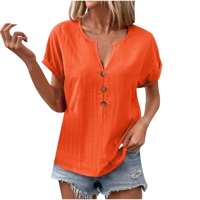 Vestidos Casuales Para Mujer, Blusas De Mujer De Moda Blusa informal de lino con cuello en V y manga corta con capucha para mujer